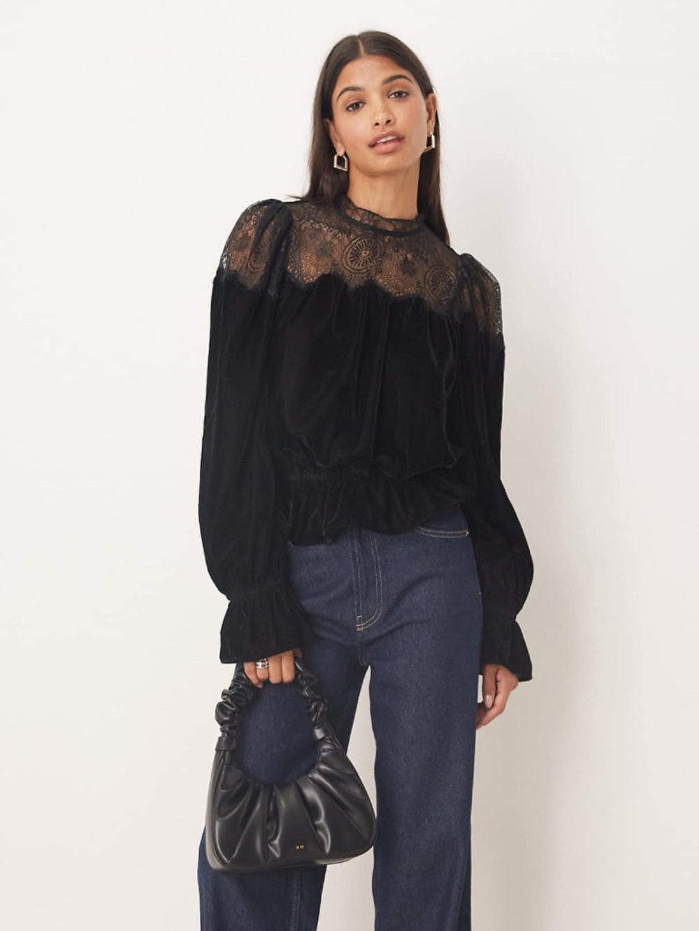 ASOS Design - Velvet and lace mix high neck long sleeve blouse in black